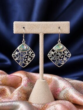 😎🌺Earrings Abalone Inlay 925 Sterling Silver Drop Dangle Filigree